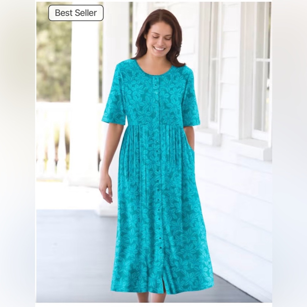 Woman Within Teal Floral Button-Front Dress